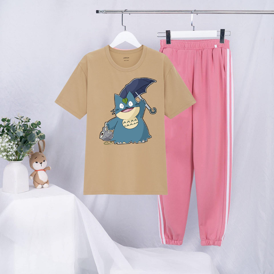 Sét Bộ Đồ Mùa Hè Ulzzang Nữ Xinh Cute Mặc Đi Chơi Dạo Phố, Chất Liệu Áo Cotton Organic Màu Da Ngắn Tay Cổ Tròn In 3D Thú Che Ô Dù Cute Kèm Quần Thun Bo Chun Gấu Hai Rót Phong Cách
