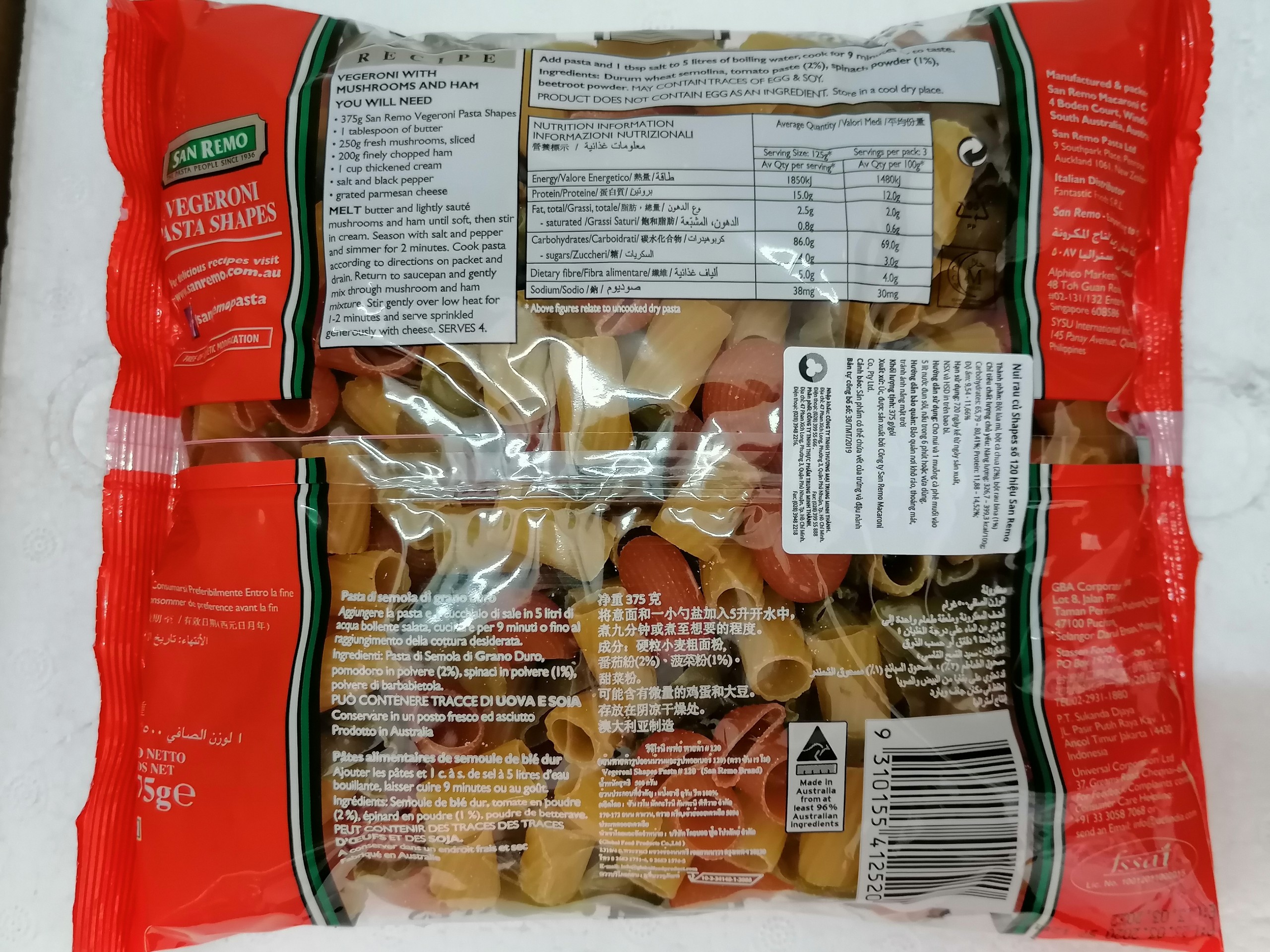 [375g – SHAPES] Nui rau củ 120 SAN REMO Pasta Shapes Vegeroni (tmt-hk)