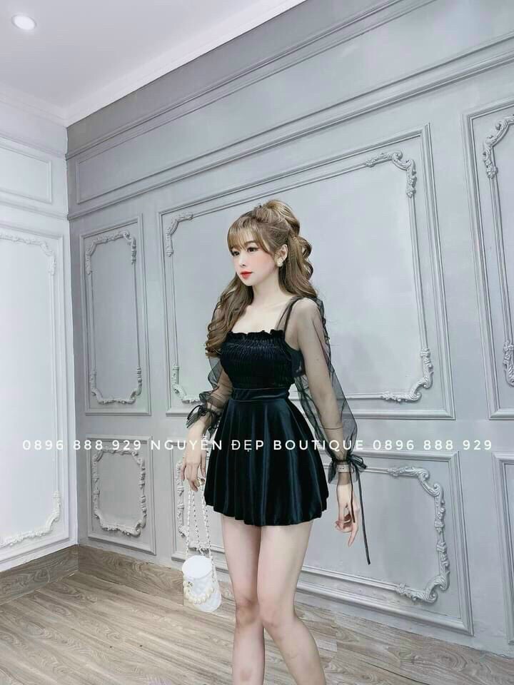 [HCM]Đầm nhung tay dài phối lưới sang chảnh