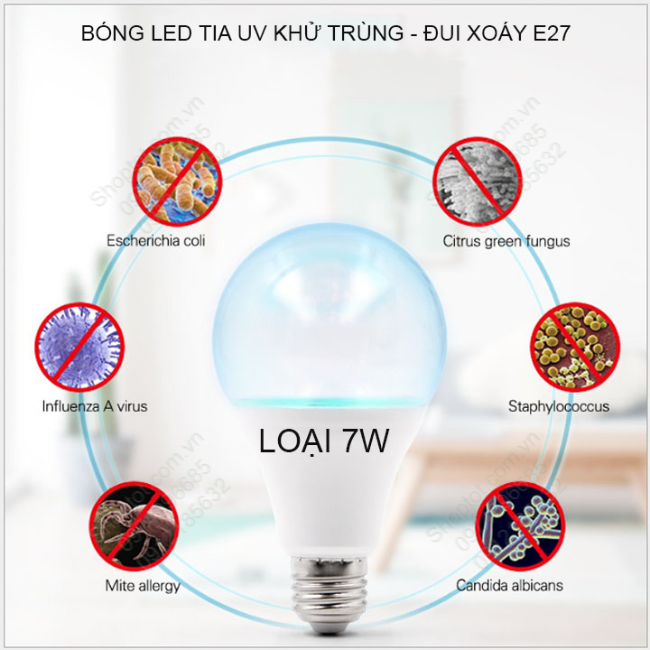 Bóng đèn led tia UV diệt khuẩn, khử trùng, đui xoáy E27, công suất 5W-7W tùy chọn