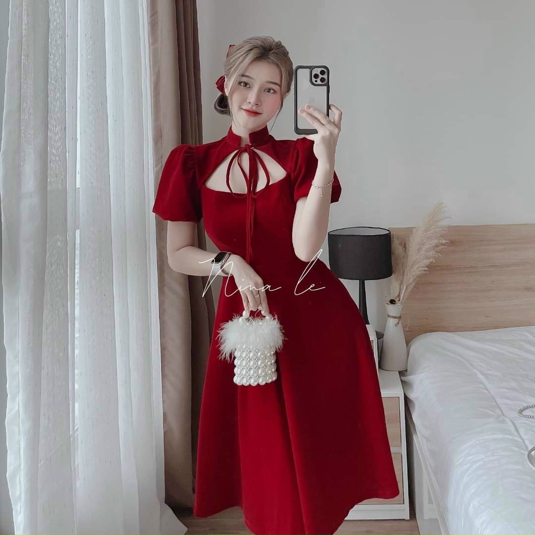 đầm xòe cổ cột nơ xinh xắn