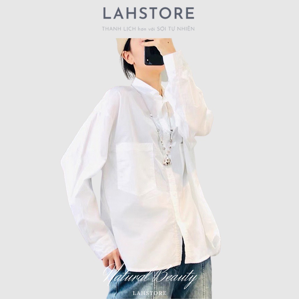 Áo sơ mi nữ tay dài form rộng SLINEN chất thô cotton premium hai túi ngực