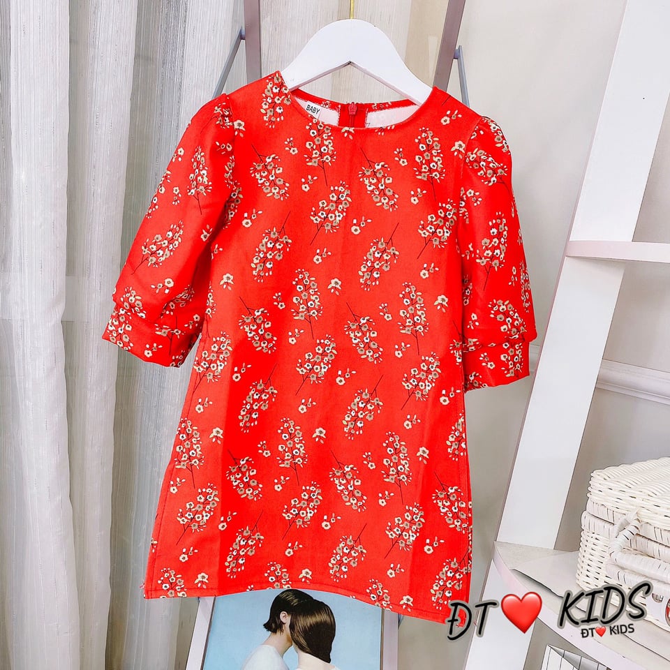 Áo dài hoa đỏ cam,đỏ đô cho bé gái