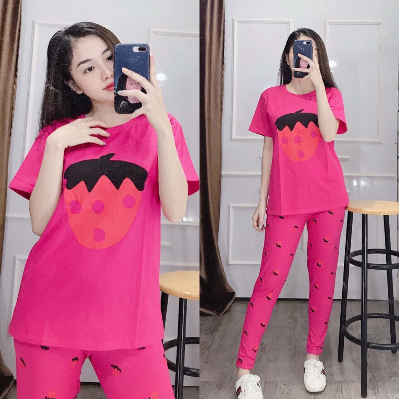BỘ MẶC NHÀ HỌA TIẾT DÂU CUTE