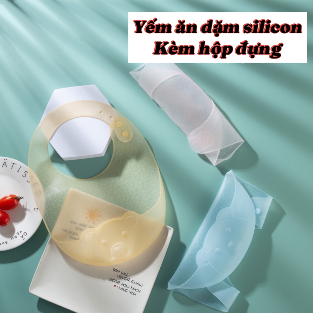 Yếm máng ăn dặm silicon siêu mềm có hộp đựng