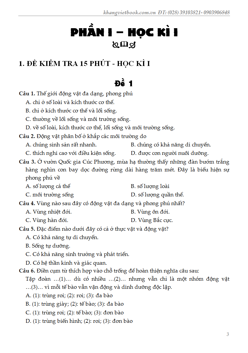 100 ĐỀ KIỂM TRA SINH HỌC 7