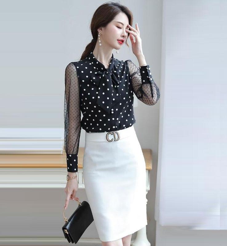 ÁO SƠ MI NỮ CHẤM BI TAY PHỐI LƯỚI CAO CẤP