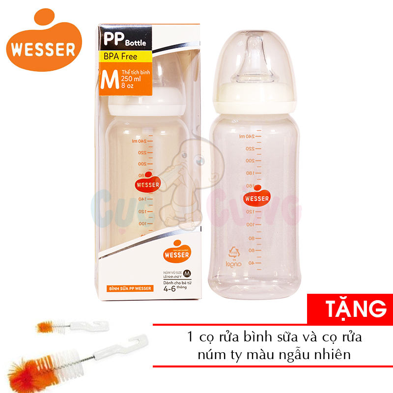 Bình sữa Wesser cổ nhỏ nhựa PP 250ml (phiên bản mới) Tặng 1 cọ rửa bình sữa