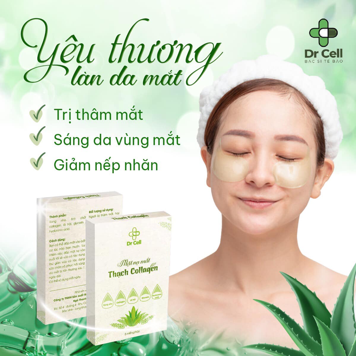 Mặt Nạ Trị Thâm Mắt Thạch Collagen Dr Cell (Hộp 10 Miếng Và 1 Huyết Thanh Lăn Mắt)