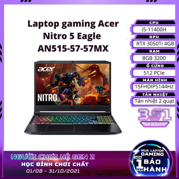 Bảng giá Laptop gaming Acer Nitro 5 Eagle AN515-57-57MX 15FHDIPS144Hz/i5-11400H/8GB 3200/512 PCIe/AX/Win/RTX 3050Ti 4GB/Black/2.2kg - Hàng chính hãng Phong Vũ
