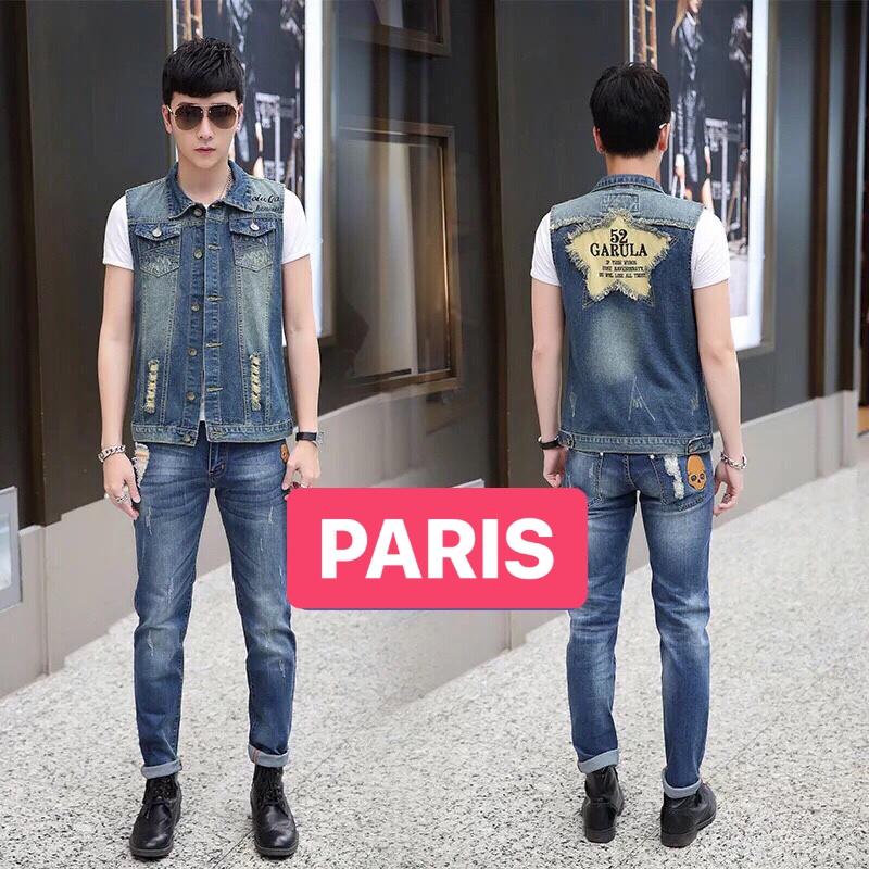 ÁO KHOÁC JEAN CHẤT BÒ NAM NGẮN TAY XANH NGÔI SAO PHONG CÁCH PHÁP CAO CẤP - PARIS FASHION
