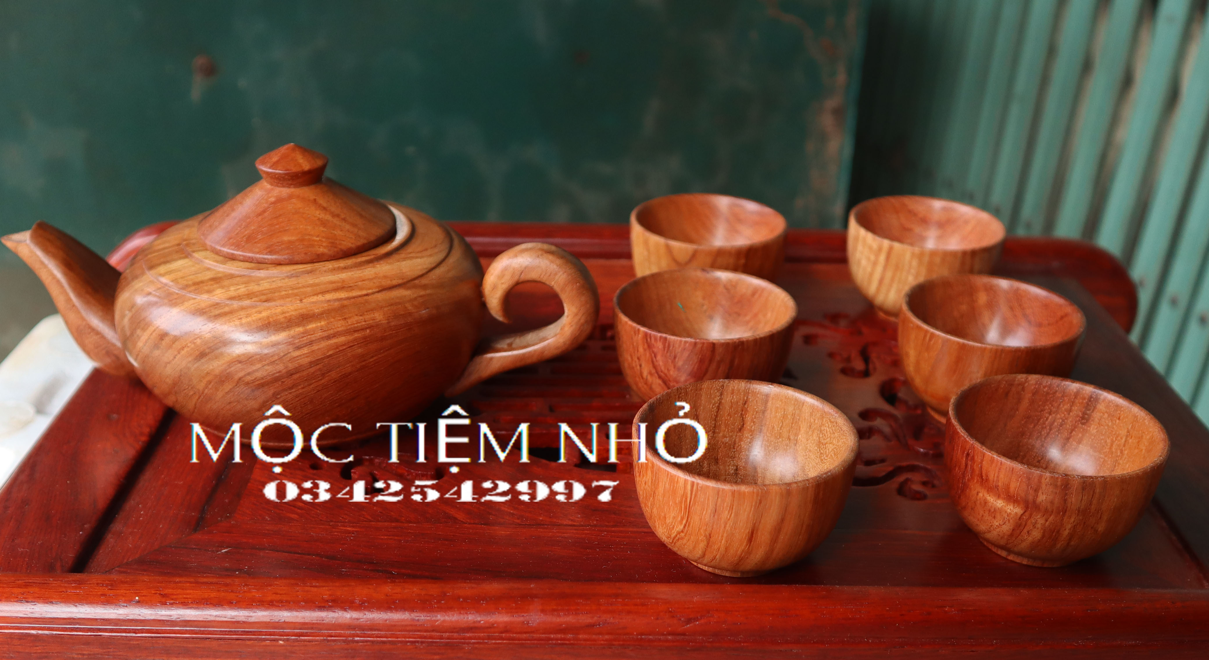 Bộ ấm chén gỗ bách xanh nguyên khối