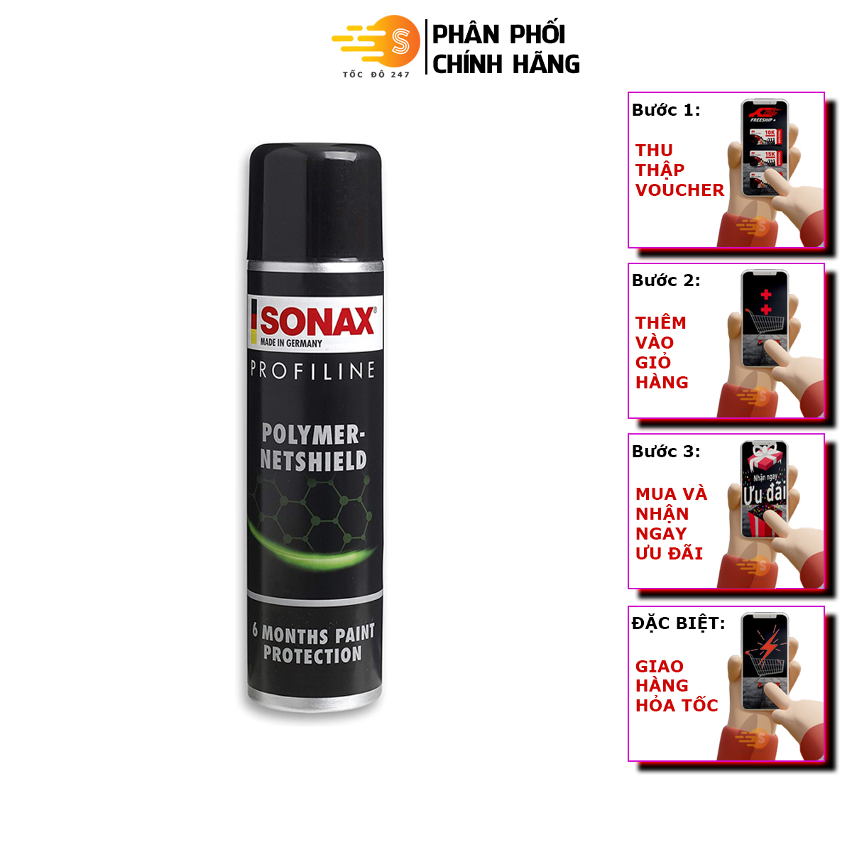 Chai xịt nano bảo vệ toàn diện mặt sơn xe Polymer Netshield Xtreme Sonax 223300 340ml - Tốc độ 247, Không ăn mòn sơn, kéo dài đến 6 tháng