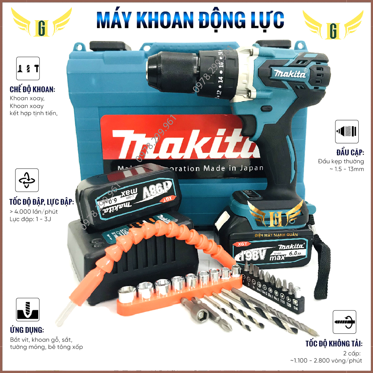 [ MÁY KHỎE-PIN TRÂU]  Máy Khoan Pin Ma.kitaa 198V Không Chổi Than Có Búa, Pin 10 CELL AutoLock 13 Ly - Bắt Vít, Siết Bulong