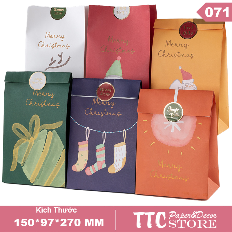 Combo set 6 túi quà tặng, túi giấy đựng quà giáng sinh kèm sticker dán miệng | quà đẹp, đơn giản