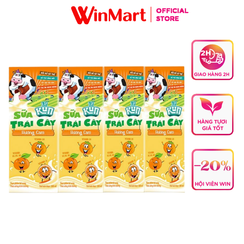 - lốc 4 hộp sữa trái cây lif kun hương cam 180ml
