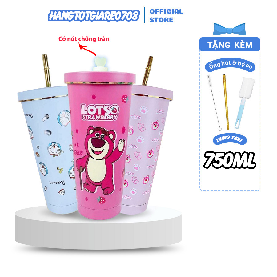 Cốc Giữ Nhiệt Gấu Dâu Lotso 750ml Chất liệu Inox 304 Giữ Nhiệt 8-10 Tiếng, Ly giữ Nhiệt Gấu Dâu Tặng Kèm Ống Hút