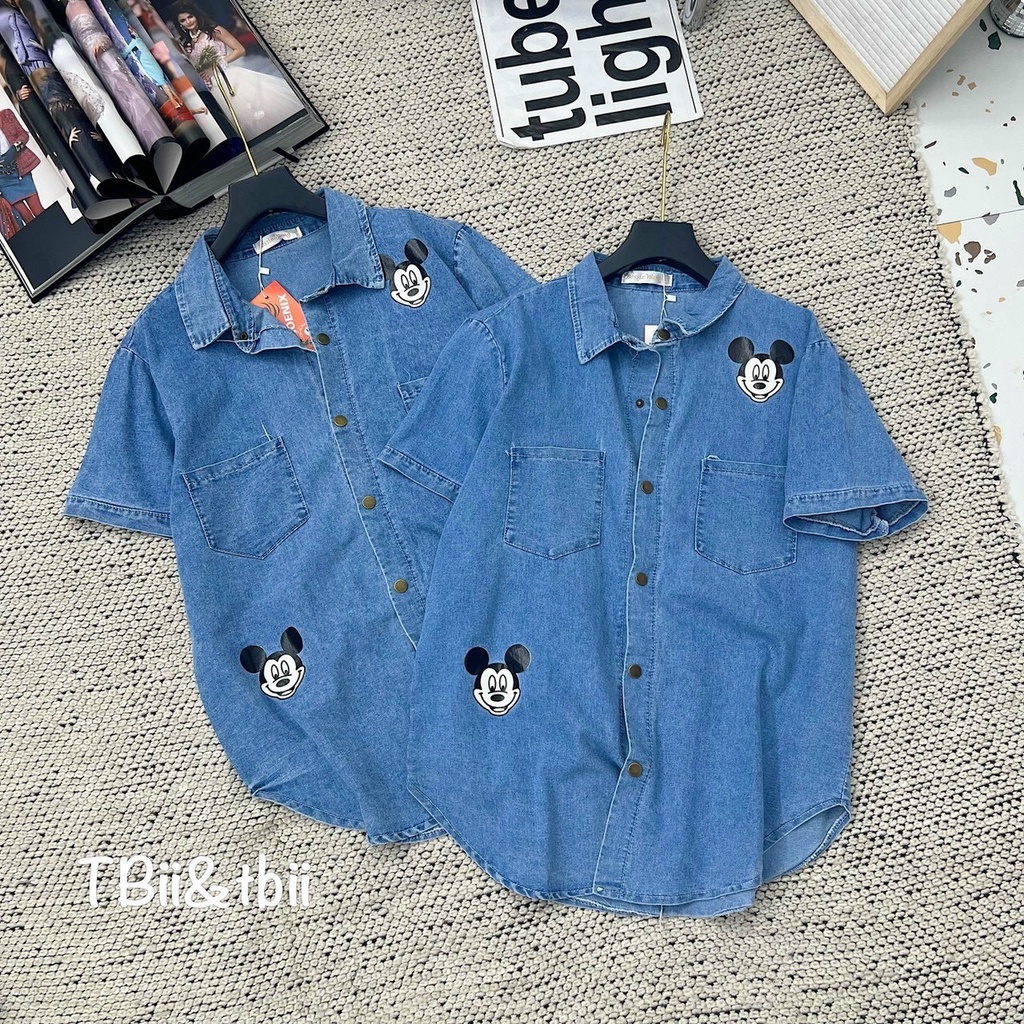 Áo sơ mi bò nữ hình chuột micky cộc tay