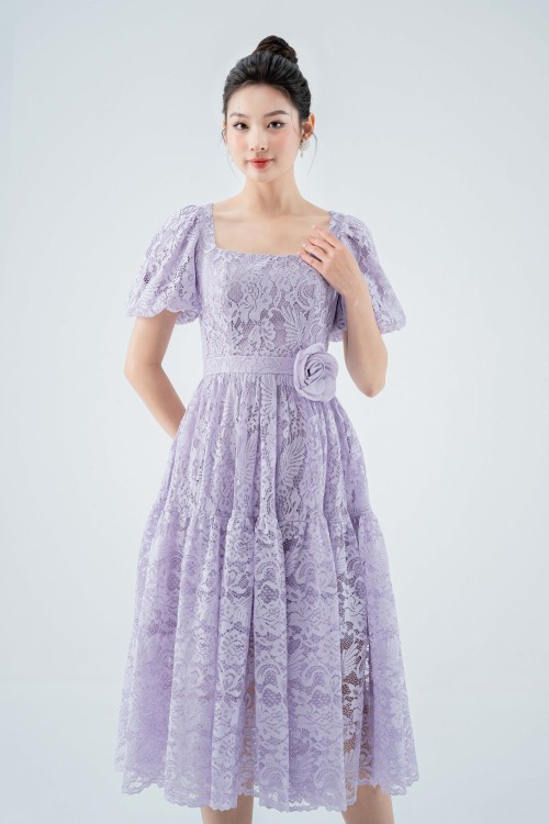 Đầm ren tím tay phồng thanh lịch SIXDO (Light Purple Midi Lace Dress)