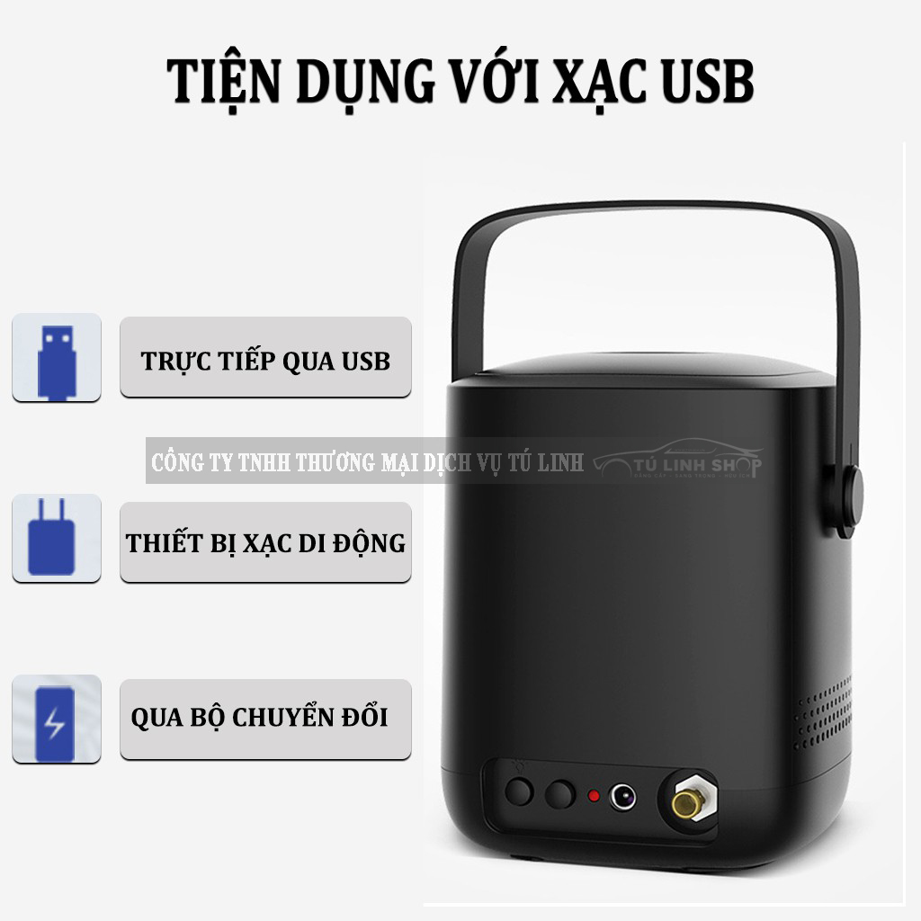 Bơm lốp xe máy, ô tô không dây dùng pin sạc qua cổng USB, đồng hồ cơ hoặc điện tử tự ngắt.