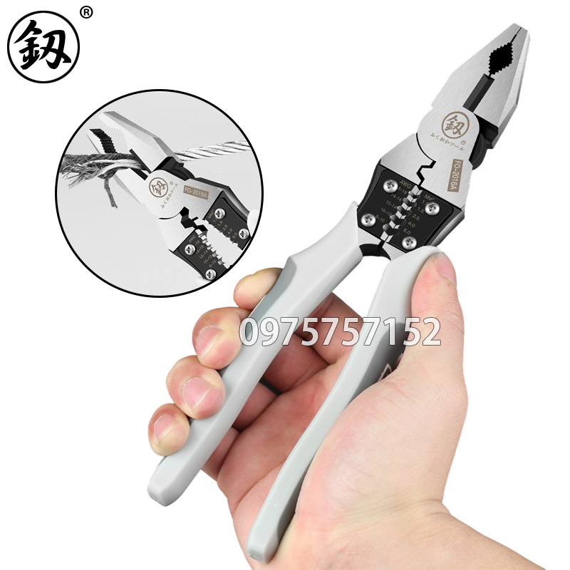 Kìm điện đa năng cao cấp 5 trong 1 Nhật Bản FUKUOKA FO-2016A 8inch/ 220mm (Kẹp-Cắt-Uốn-Cuộn-Tuốt dây), thép CR-V cao tần, có độ cứng cao