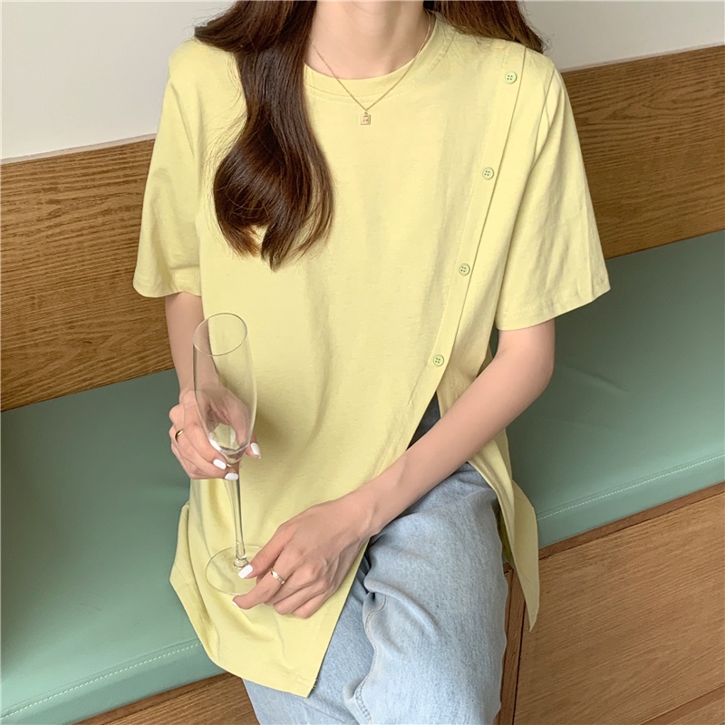 Áo thun nữ xẻ tà phối nút tay ngắn style Hàn quốc