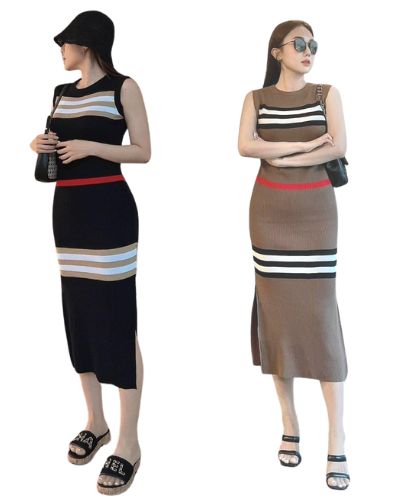 Đầm len thun sọc ngang thổ cẩm ôm body