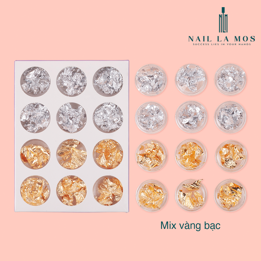 Set giấy bạc trang trí móng tay – giấy bạc nail 12 hũ gồm các màu thông dụng nhất dễ phối