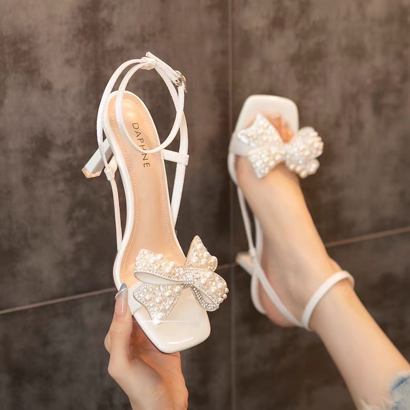 sandal cao gót đính nơ đá ngọc cao 7 phân lấp lánh