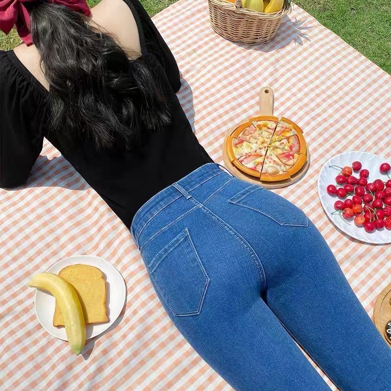Quần jeans nữ xám trơn dài lưng cao vải Denim quần jean nữ ống bó sát cao cấp lưng cao