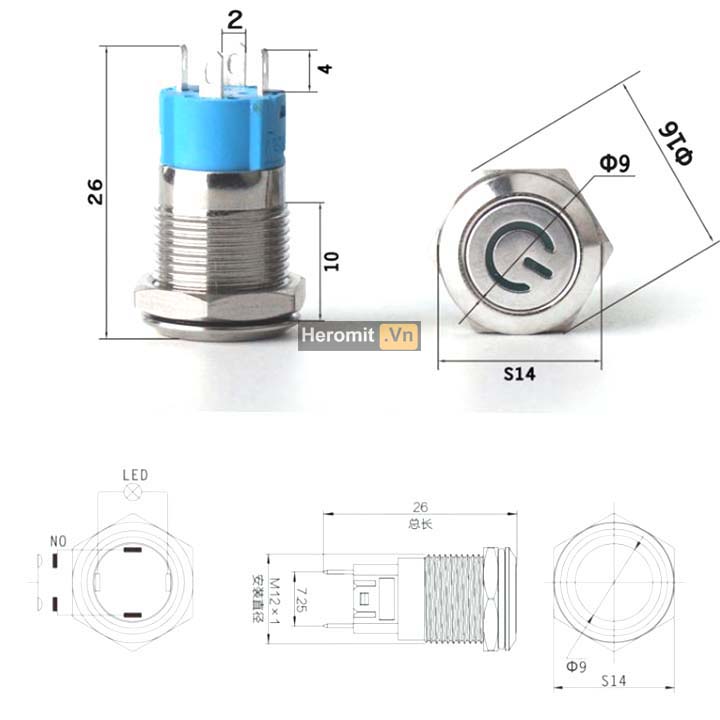 Nút nhấn nguồn 16mm , Nút nhấn giữ có led 12-24V