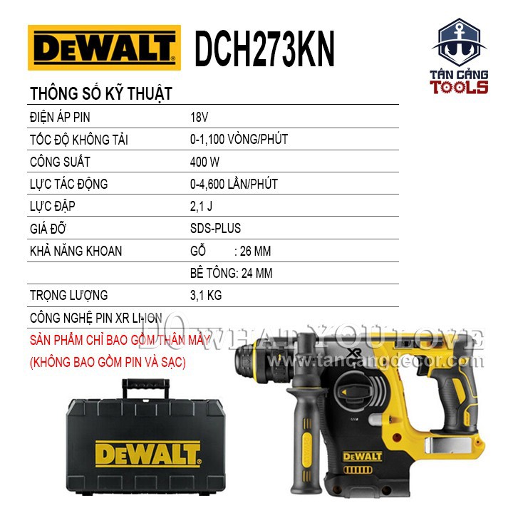 [Trả góp 0%] Máy Khoan Bê Tông 3 Chế Độ Dùng Pin DeWalt 18V DCH273KN ( Thân Máy )