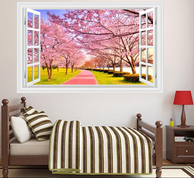 Decal trang trí cửa sổ Con Đường Hoa Anh Đào