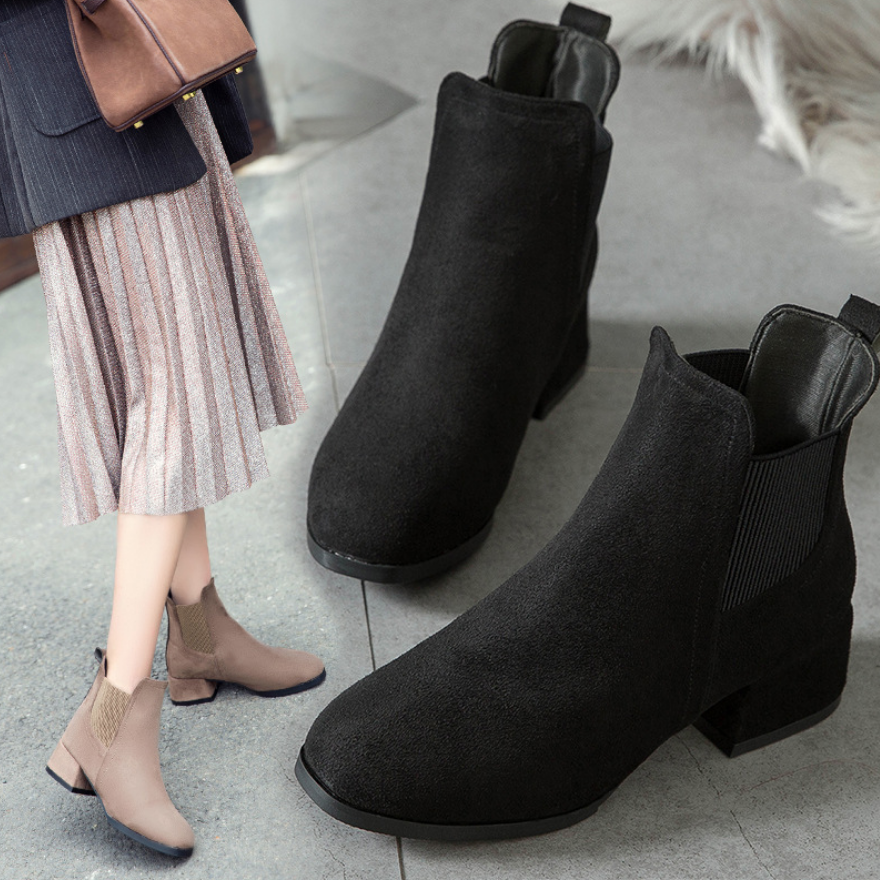 [ Màu NÂU + ĐEN size 35- 40 ]  Boot nữ cổ thun da lộn đế 4cm ÊM CHÂN GBN118