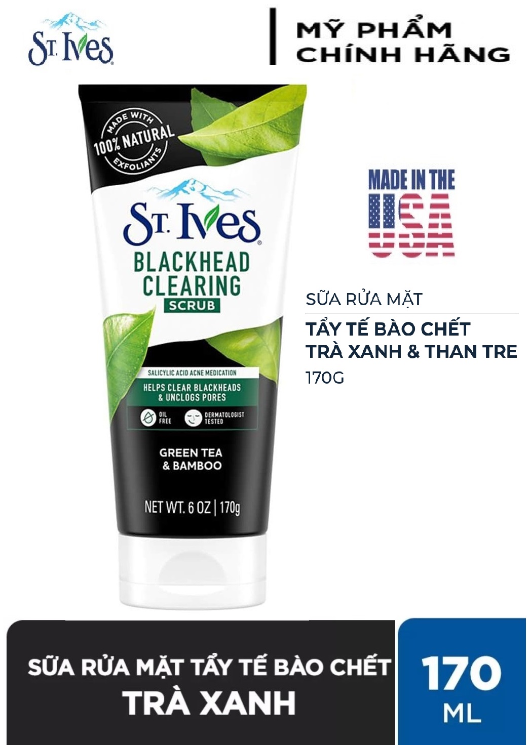 Sữa Rửa Mặt Tinh Chất Trà Xanh Tẩy Tế Bào Chết St.Ives Blackhead Clearing Green Tea Scrub 170g - USA