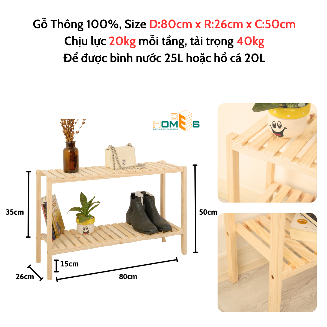 Kệ giày gỗ BEHOMES 2 tầng 80cm