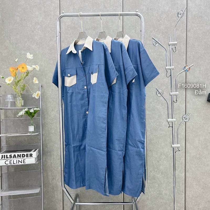 Đầm jeans xanh túi hộp phối màu