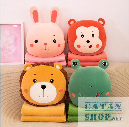 [HCM]GỐI MỀN 3 in 1 hình thú cute Khỉ Ếch Thỏ Sư tử thun 4 chiều siêu mịn bộ chăn gối văn phòng gấu bông kèm mền GM75-GMMat