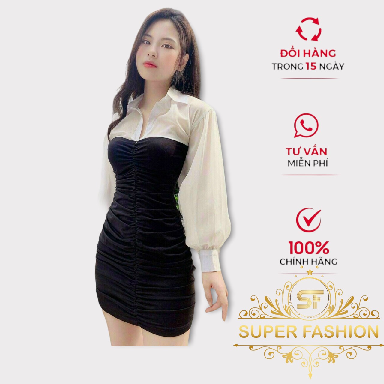 Đầm công sở cổ sơ mi vải umi phối voan thiết kế sang trọng sang chảnh quý phái