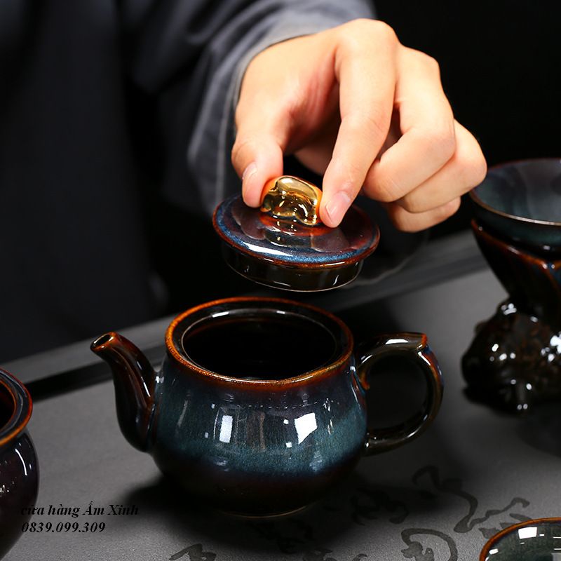Bộ ấm chén pha trà đạo men Thiên Mục Lông Thỏ Hỏa Biến
