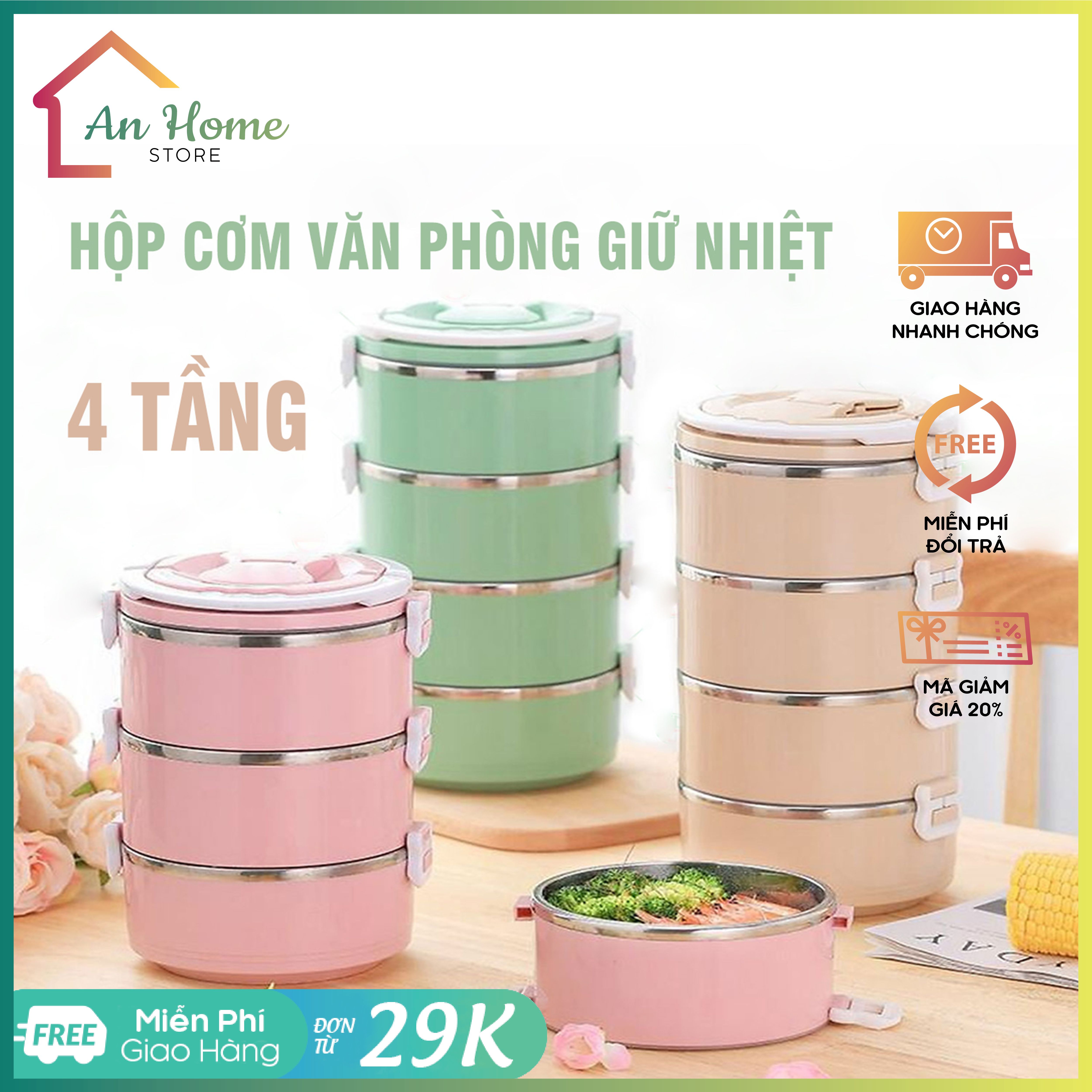 Hộp cơm giữ nhiệt 4 tầng lồng inox cao cấp anhome, hộp cơm văn phòng giữ nhiệt inox