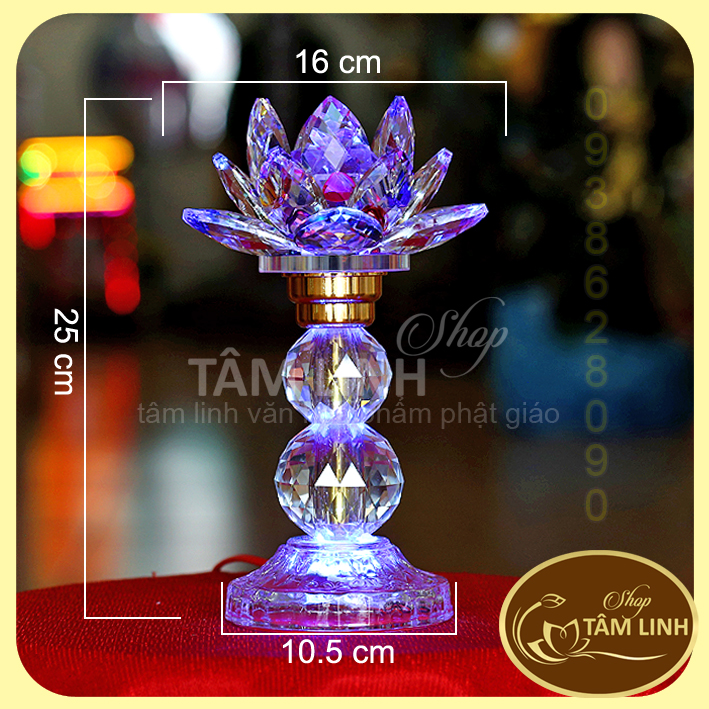 [Có bảo hành] Cặp Đèn Thờ Hoa Sen Pha Lê Cao 25 cm đèn LED đổi 7 màu siêu đẹp.