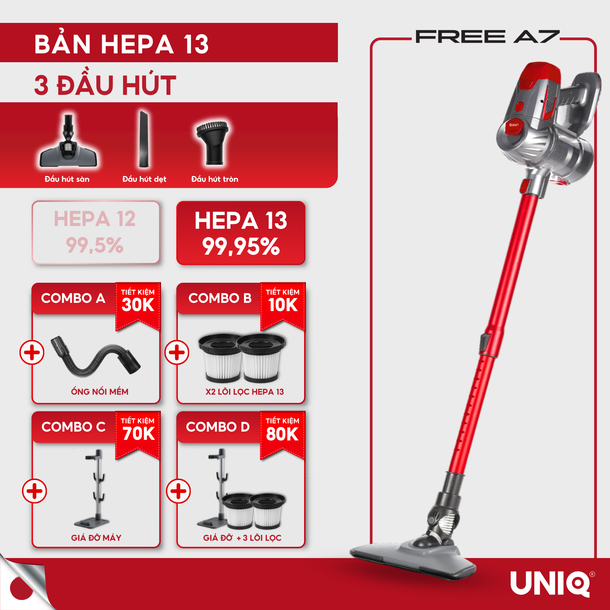 Máy hút bụi cầm tay UNIQ Free A7 không dây - máy hút bụi gia đình cực mạnh hút giường đệm nệm sofa xe hơi