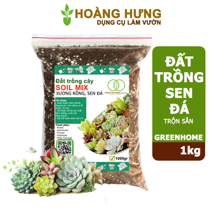 Đất trồng Sen đá Soil Mix, bao 1kg, đầy đủ dinh dưỡng, thoát nước tốt, Sen đá bền màu