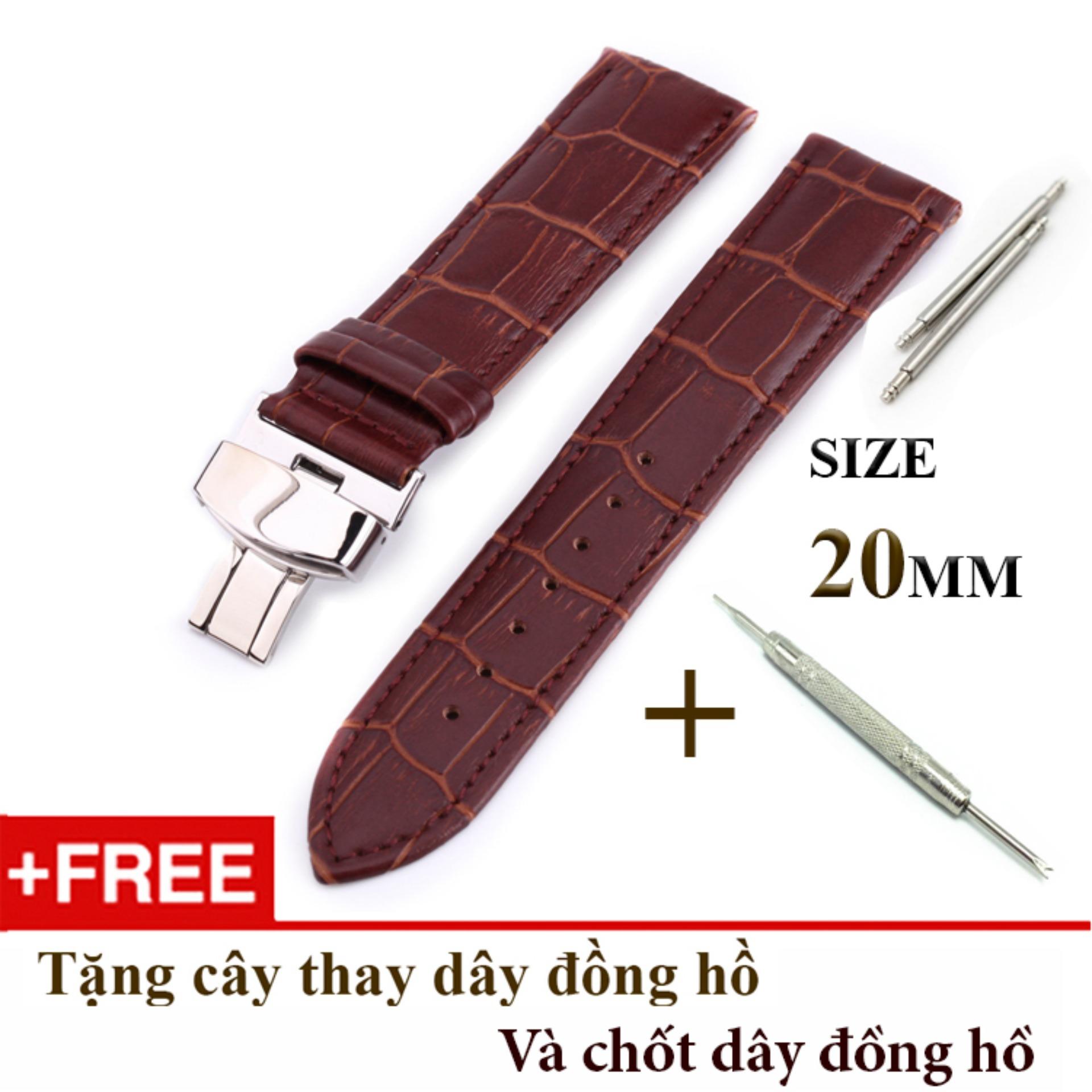 Dây đồng hồ da bò xịn SIZE 20mm, khóa bướm thép 316 (nâu-B08)
