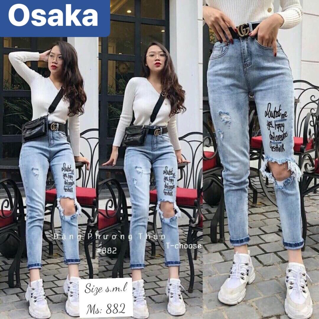 QUẦN JEAN BAGGY NỮ CHẤT BÒ XANH RÁCH IN CHỮ TO LƯNG CAO NÂNG MÔNG TOMAKO OK-882 OSAKA FASHION