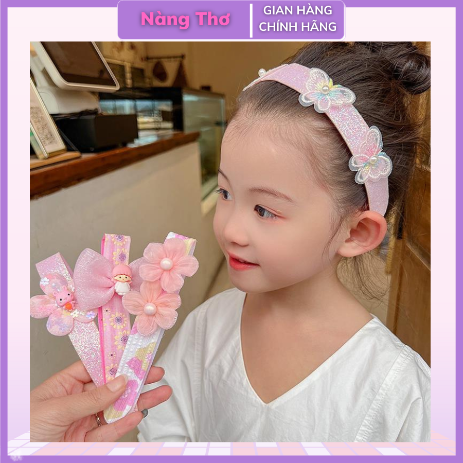 Bờm cài tóc dán dính hoa và nơ cho bé siêu đáng yêu