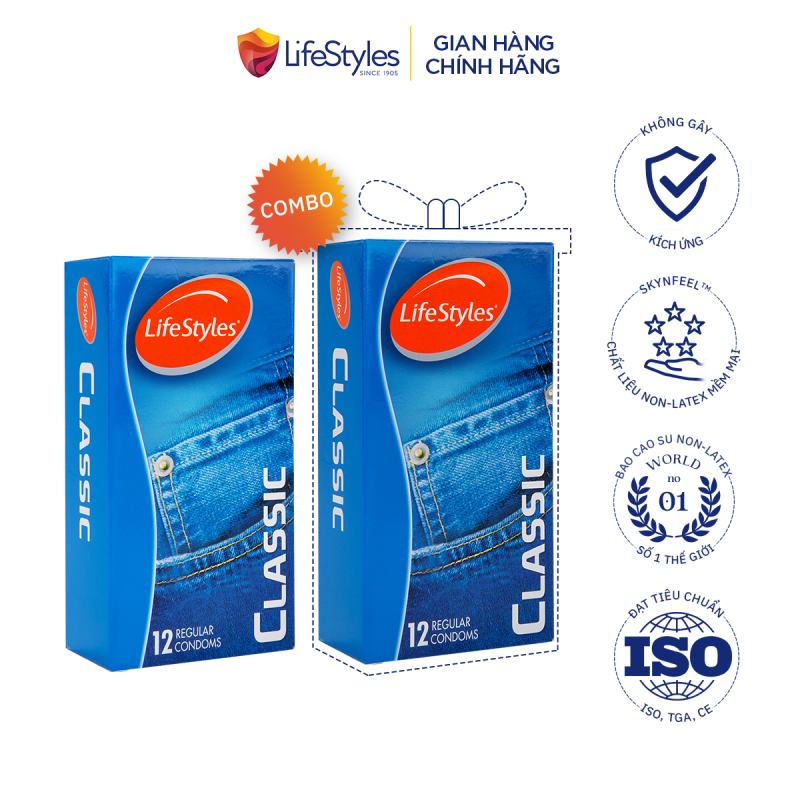 Bộ 2 hộp bao cao su LifeStyles Classic thiết kế ôm sát cao cấp 12 bao