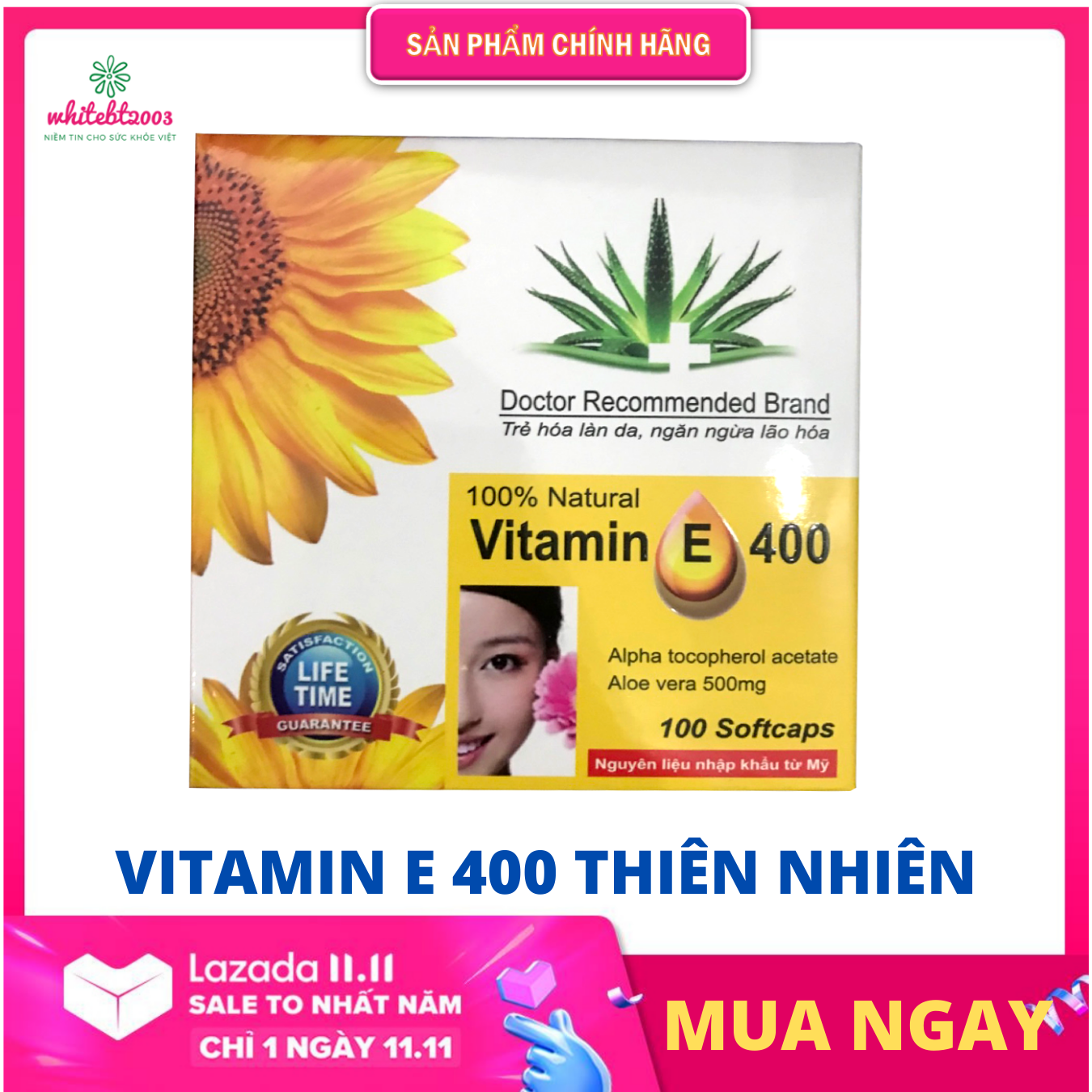 [Date 2026] Vitamin E 400 thiên nhiên và tinh chất nha đam - Sáng da - Chống lão hóa da - Đẹp da -  Hộp 100 viên - VNP