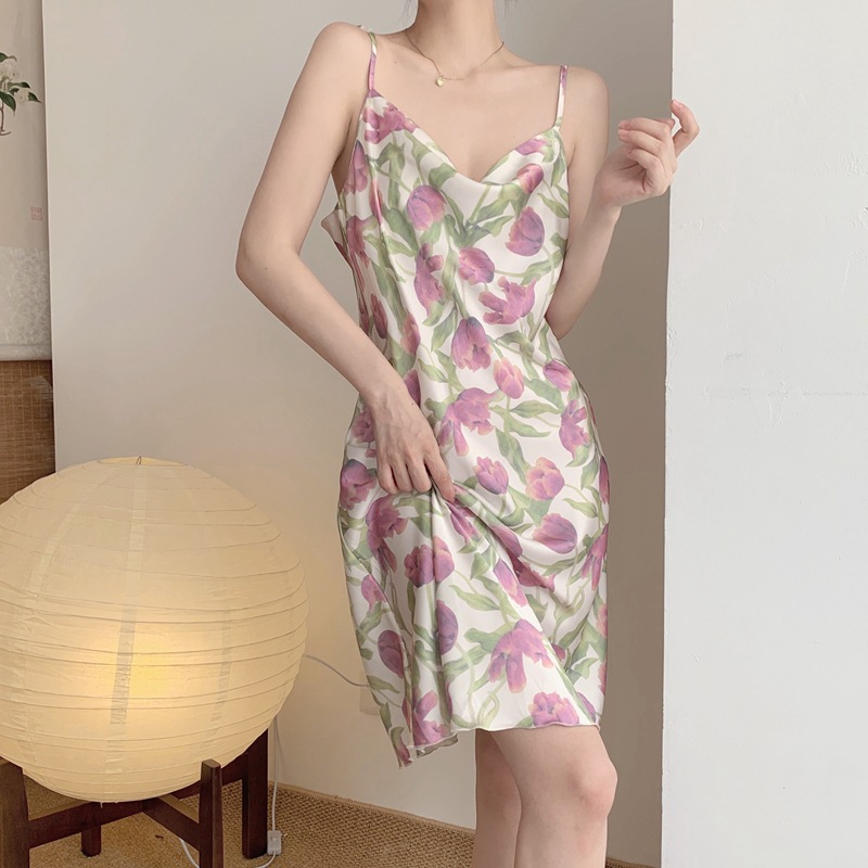 Đầm Ngủ Mặc Nhà Đầm Hai Dây Lụa Satin  AMANTA97AMTP